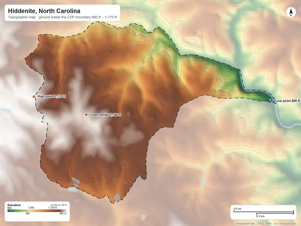 Topographic elevation map of Hiddenite, North Carolina, shaded from 890 ft on the east side to 1,170 ft on the west side