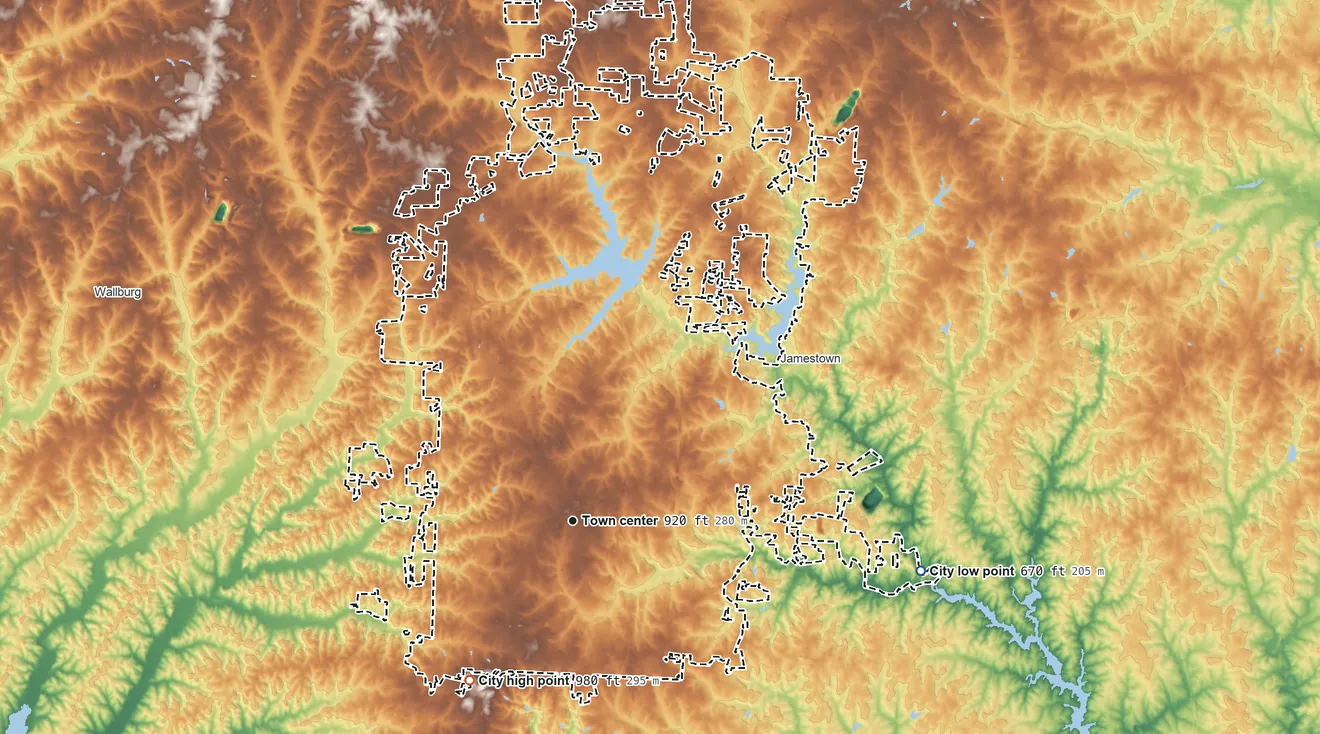 Topographic elevation map of High Point, North Carolina, shaded from 670 ft on the east side to 980 ft on the southwest side