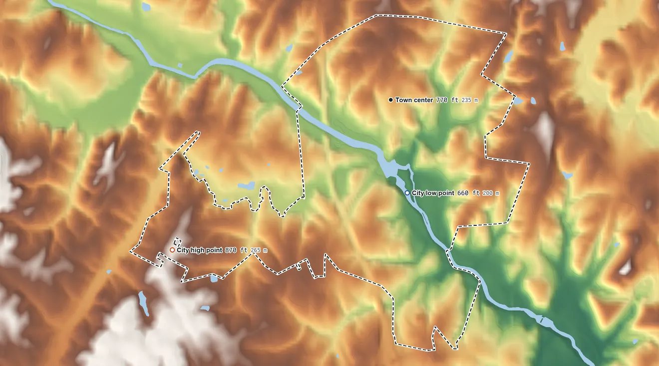 Topographic elevation map of High Shoals, North Carolina, shaded from 660 ft on the south side to 870 ft on the southwest edge, below higher ground just outside