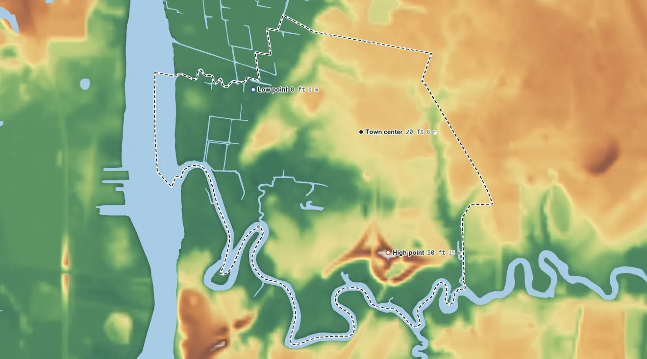Topographic elevation map of Hightsville, North Carolina, shaded from 0 ft on the west side to 50 ft on the south side