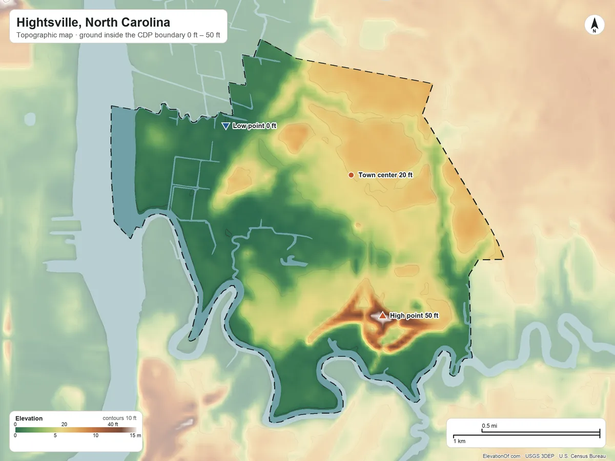 Topographic elevation map of Hightsville, North Carolina, shaded from 0 ft on the west side to 50 ft on the south side