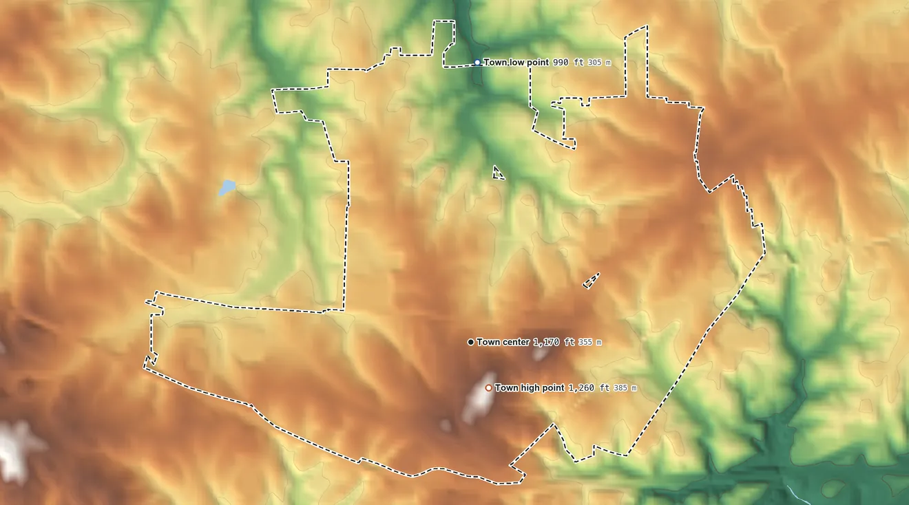 Topographic elevation map of Hildebran, North Carolina, shaded from 990 ft on the north side to 1,260 ft near the middle