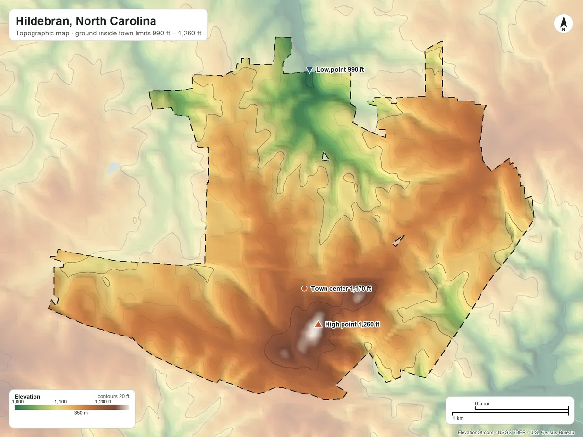 Topographic elevation map of Hildebran, North Carolina, shaded from 990 ft on the north side to 1,260 ft near the middle