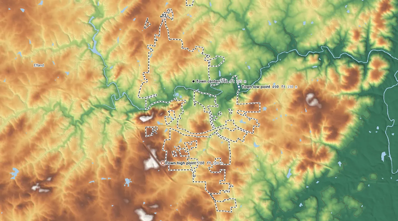 Topographic elevation map of Hillsborough, North Carolina, shaded from 490 ft on the east side to 780 ft on the south side