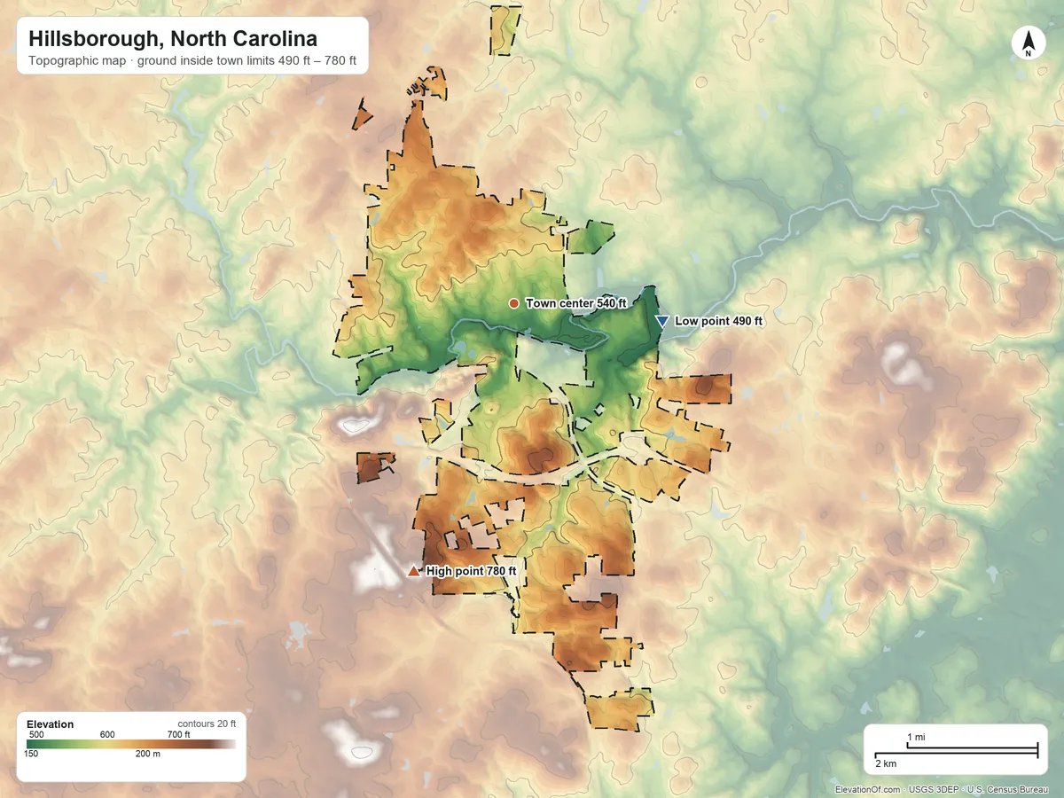 Topographic elevation map of Hillsborough, North Carolina, shaded from 490 ft on the east side to 780 ft on the south side