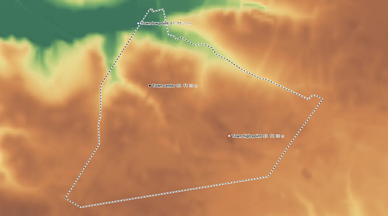 Topographic elevation map of Hobgood, North Carolina, shaded from 67 ft on the north side to 93 ft on the southeast side