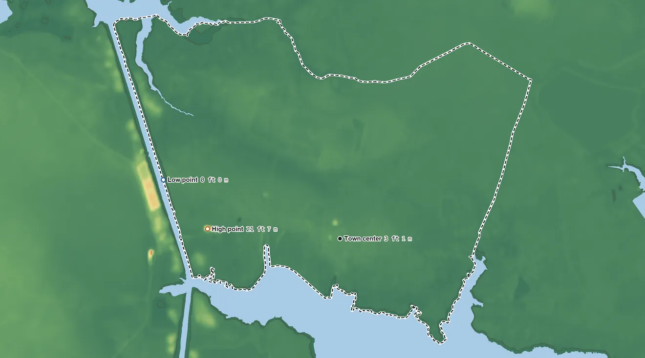 Topographic elevation map of Hobucken, North Carolina, shaded from sea level level on Jones Bay to 21 ft on the west side