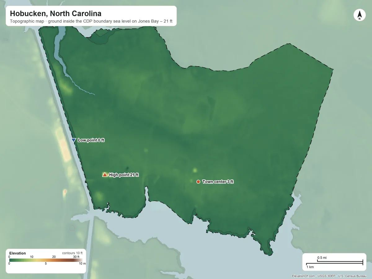 Topographic elevation map of Hobucken, North Carolina, shaded from sea level level on Jones Bay to 21 ft on the west side