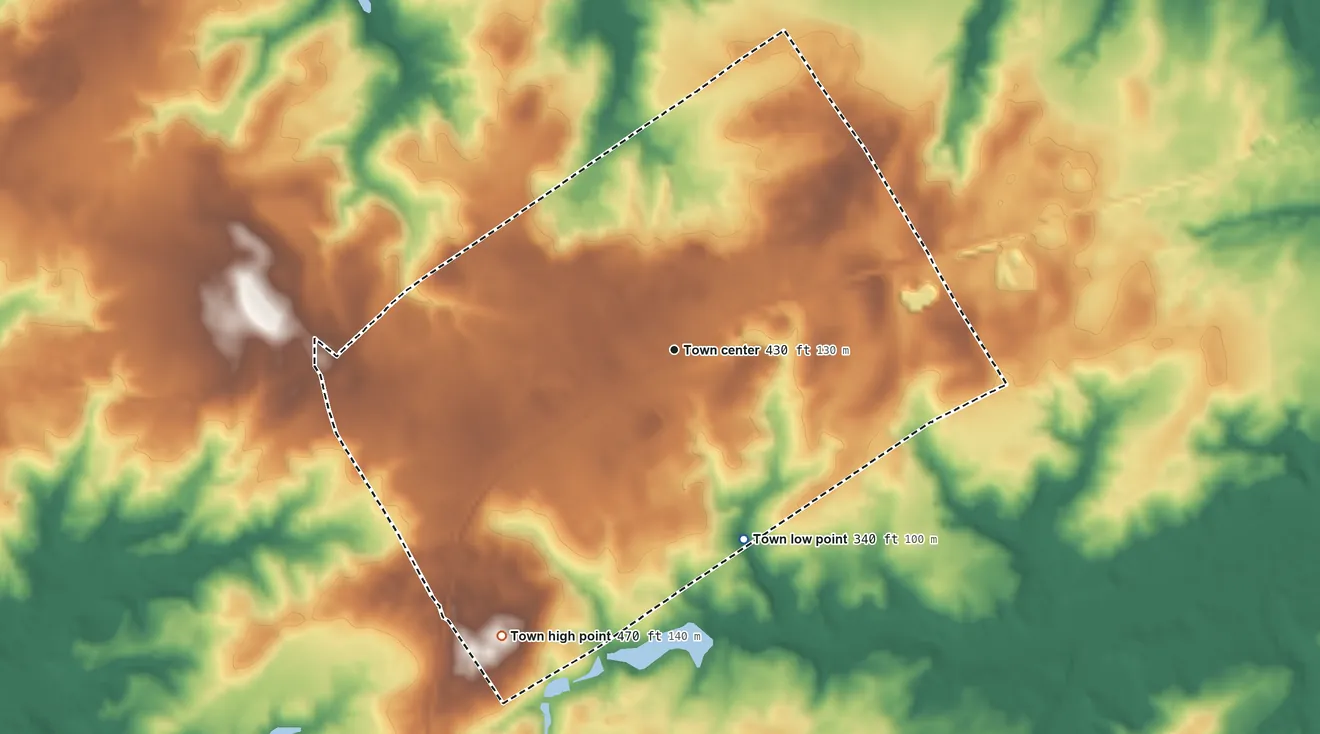 Topographic elevation map of Hoffman, North Carolina, shaded from 340 ft on the south side to 470 ft on the southwest side