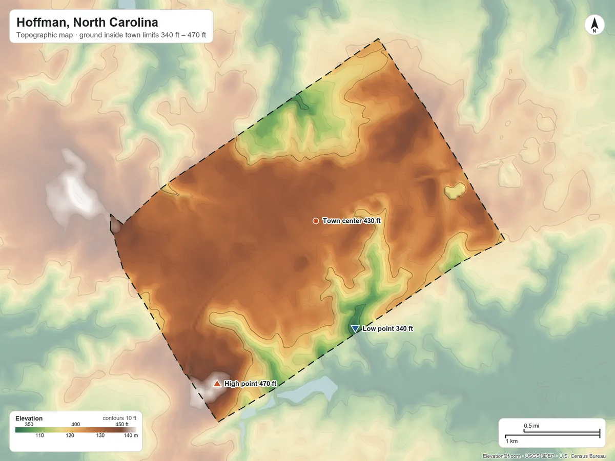 Topographic elevation map of Hoffman, North Carolina, shaded from 340 ft on the south side to 470 ft on the southwest side
