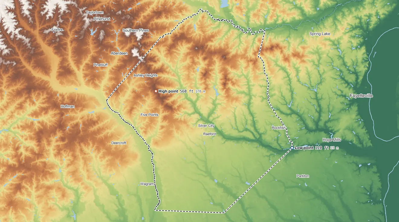 Topographic elevation map of Hoke County, North Carolina, shaded from 110 ft on the east side to 560 ft on the northwest side