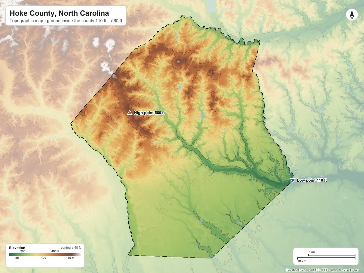Topographic elevation map of Hoke County, North Carolina, shaded from 110 ft on the east side to 560 ft on the northwest side
