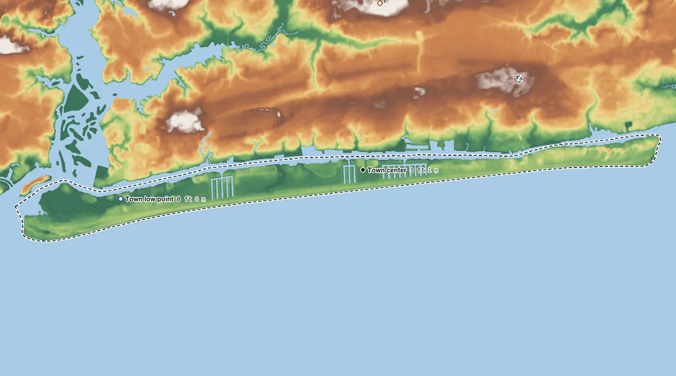 Topographic elevation map of Holden Beach, North Carolina, shaded from sea level level on the Atlantic Ocean to 44 ft on the north side