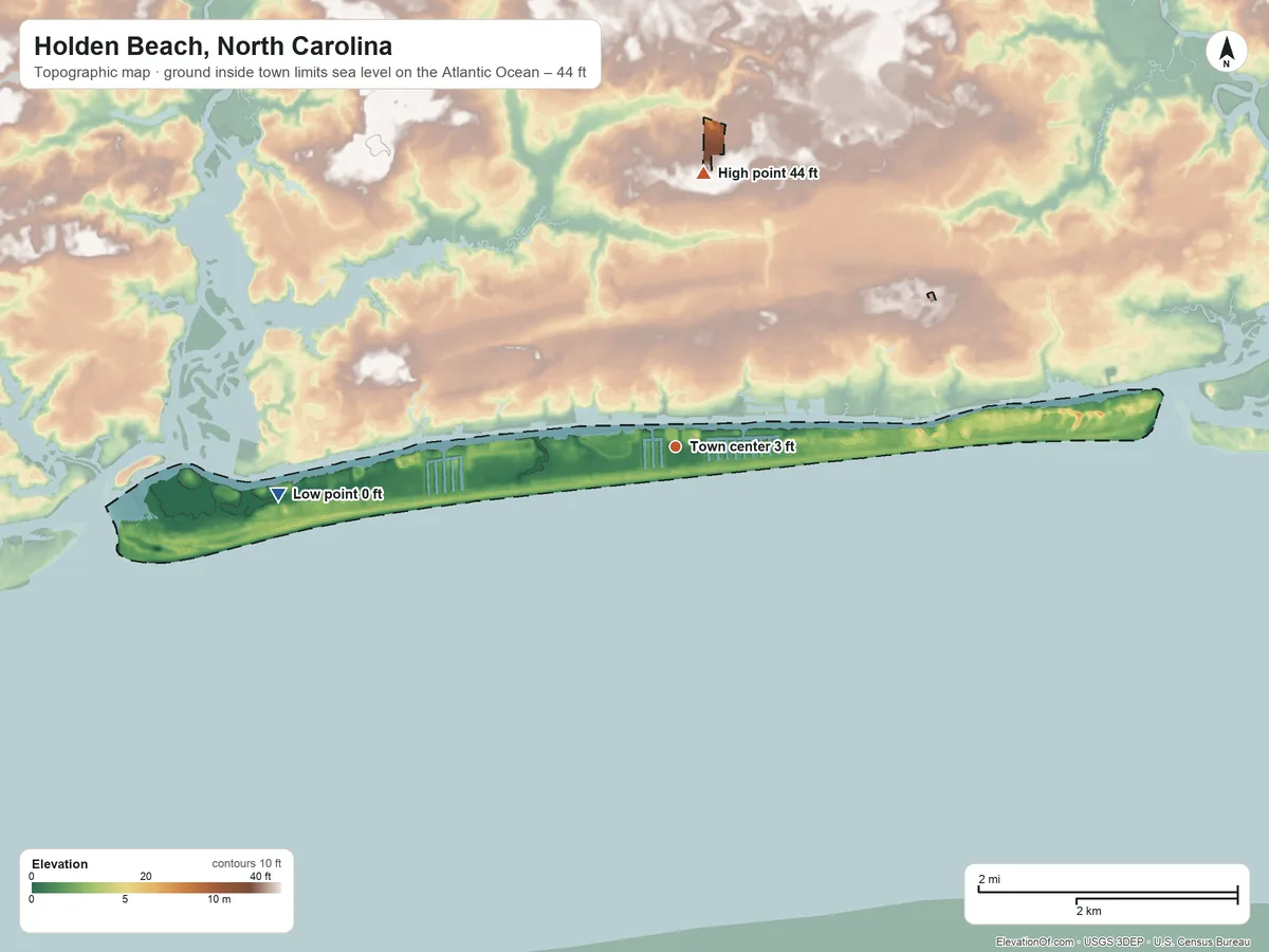 Topographic elevation map of Holden Beach, North Carolina, shaded from sea level level on the Atlantic Ocean to 44 ft on the north side