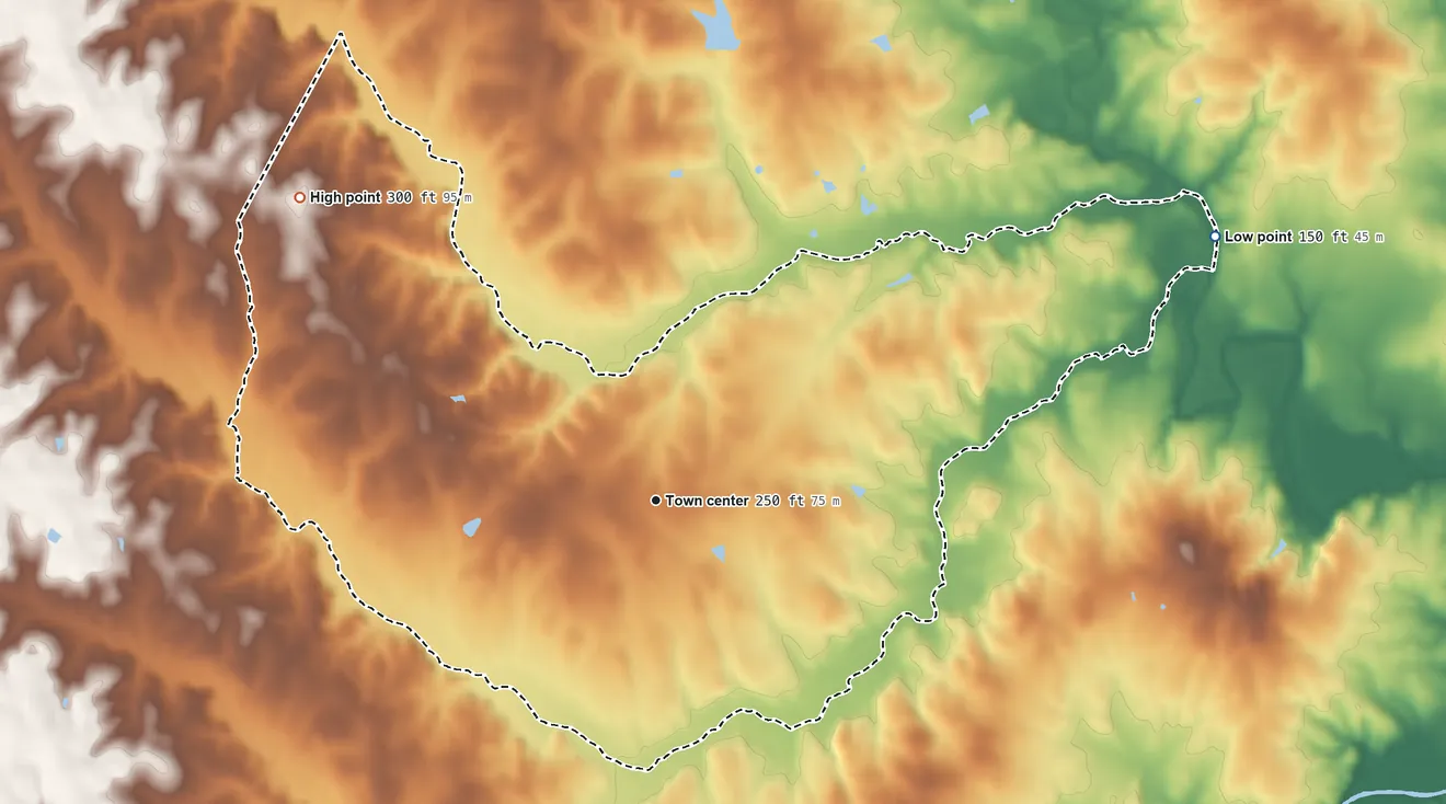 Topographic elevation map of Hollister, North Carolina, shaded from 150 ft on the northeast side to 300 ft on the northwest side