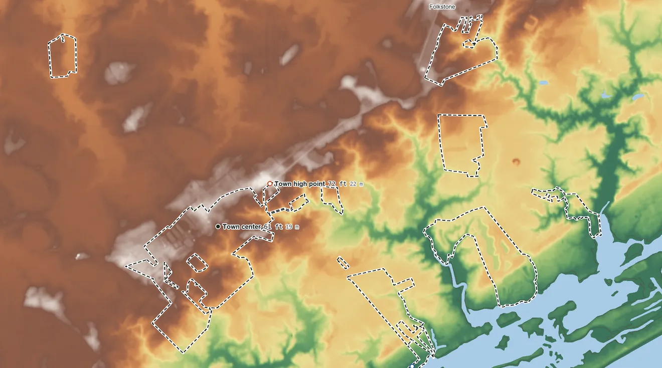 Topographic elevation map of Holly Ridge, North Carolina, shaded from sea level level on the Intracoastal Waterway to 72 ft on the northeast side