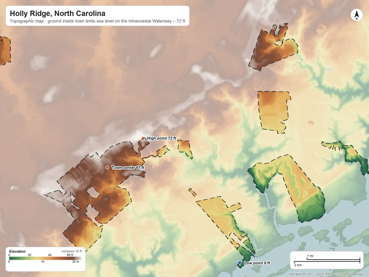 Topographic elevation map of Holly Ridge, North Carolina, shaded from sea level level on the Intracoastal Waterway to 72 ft on the northeast side