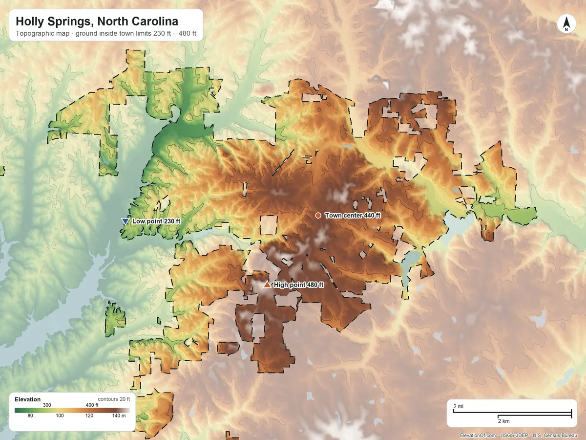 Topographic elevation map of Holly Springs, North Carolina, shaded from 230 ft on the west side to 480 ft on the southwest side