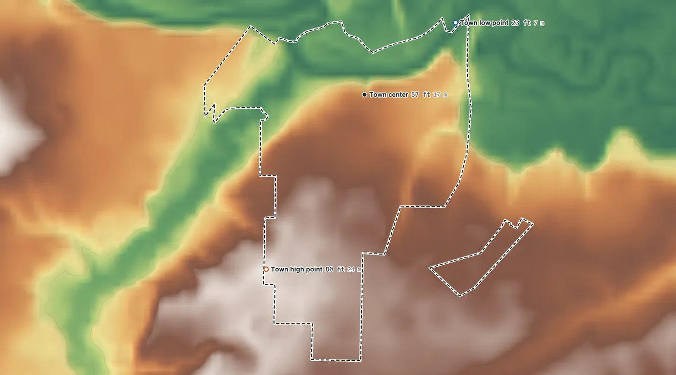 Topographic elevation map of Hookerton, North Carolina, shaded from 23 ft on the northeast side to 80 ft on the southwest side