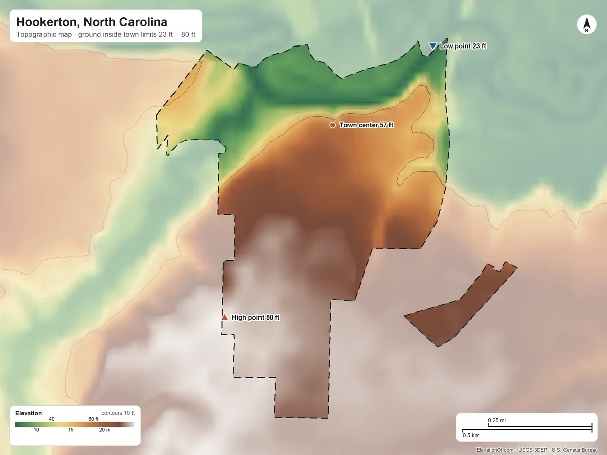 Topographic elevation map of Hookerton, North Carolina, shaded from 23 ft on the northeast side to 80 ft on the southwest side