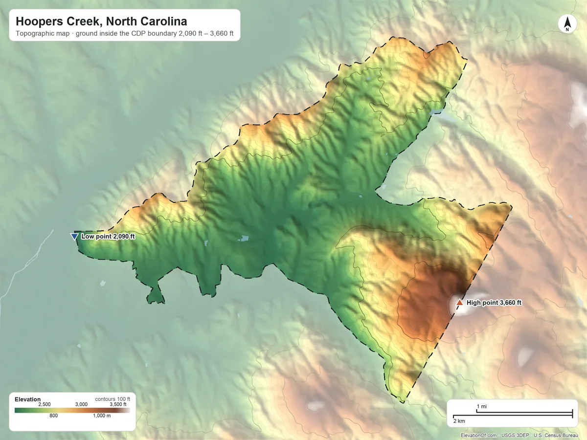 Topographic elevation map of Hoopers Creek, North Carolina, shaded from 2,090 ft on the west side to 3,660 ft on the east edge, below higher ground just outside