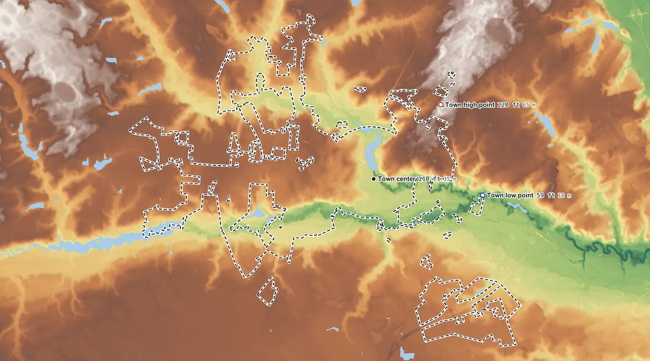 Topographic elevation map of Hope Mills, North Carolina, shaded from 59 ft on the east side to 220 ft on the northeast side