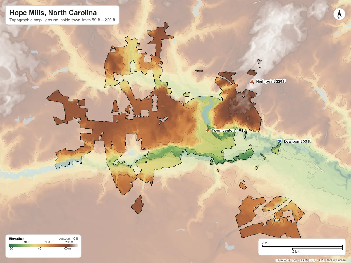 Topographic elevation map of Hope Mills, North Carolina, shaded from 59 ft on the east side to 220 ft on the northeast side