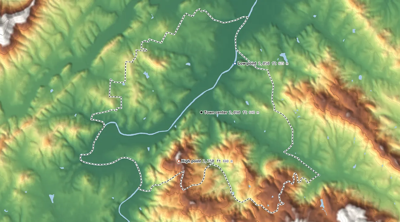 Topographic elevation map of Horse Shoe, North Carolina, shaded from 2,050 ft on the northeast side to 2,750 ft on Horse Shoe Mountain