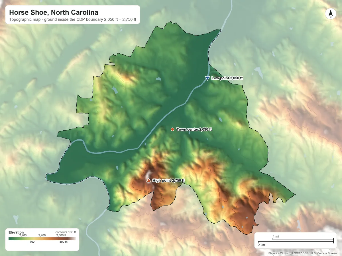 Topographic elevation map of Horse Shoe, North Carolina, shaded from 2,050 ft on the northeast side to 2,750 ft on Horse Shoe Mountain