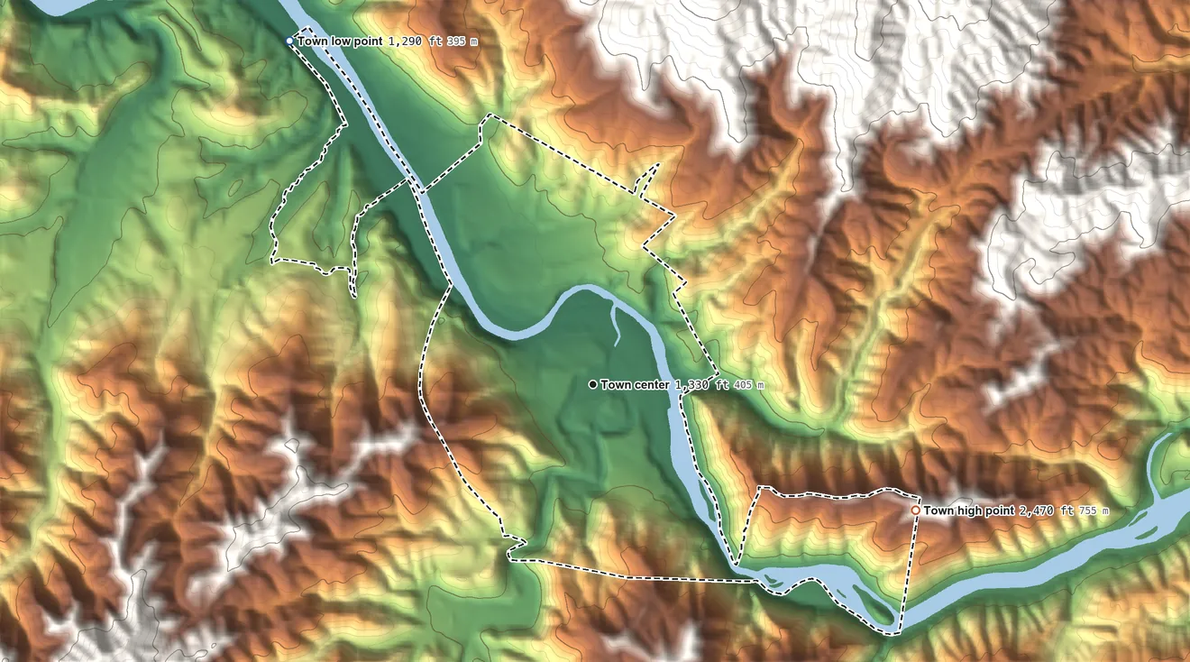 Topographic elevation map of Hot Springs, North Carolina, shaded from 1,290 ft on the northwest side to 2,470 ft at the foot of the Bald Mountains