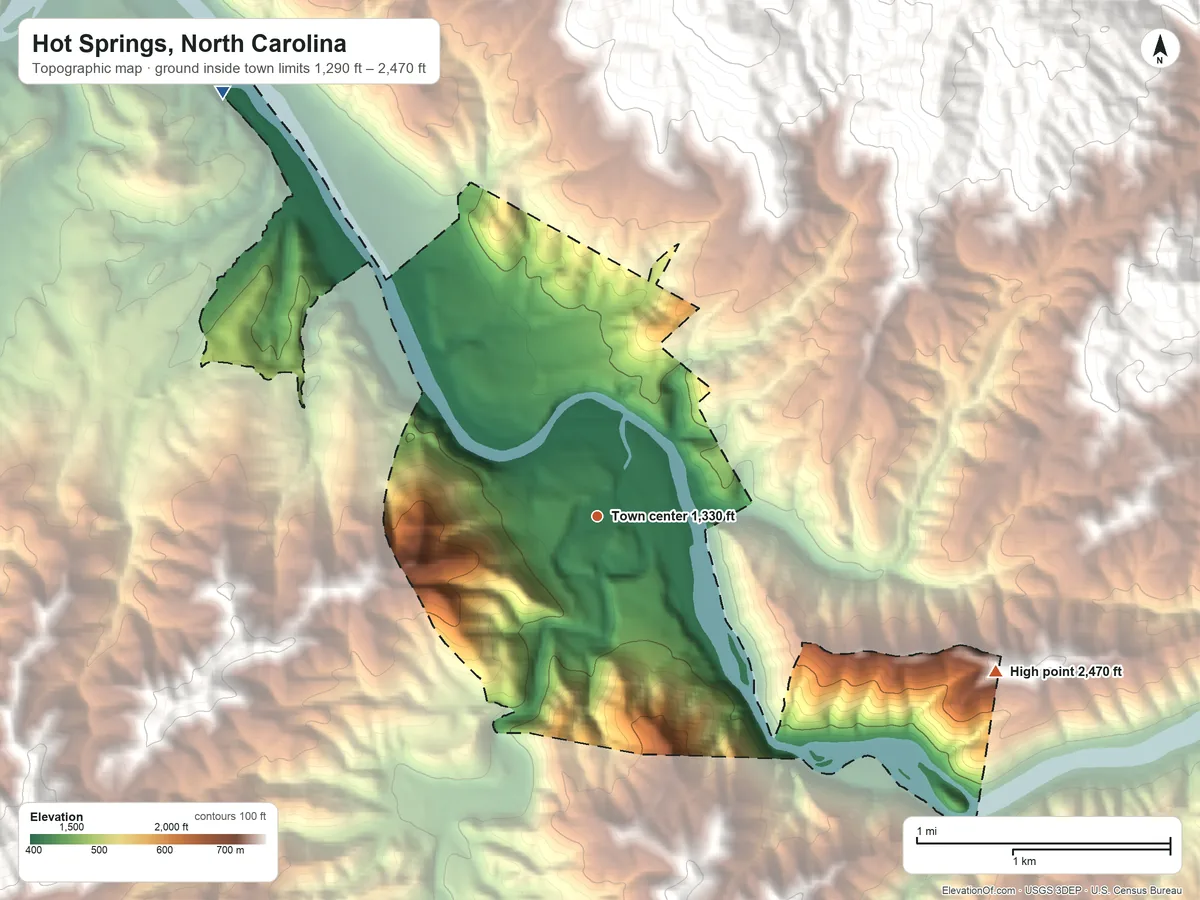 Topographic elevation map of Hot Springs, North Carolina, shaded from 1,290 ft on the northwest side to 2,470 ft at the foot of the Bald Mountains
