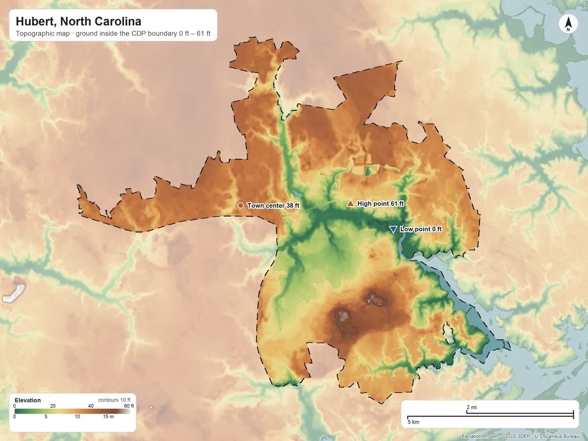 Topographic elevation map of Hubert, North Carolina, shaded from 0 ft on the east side to 61 ft on the east side