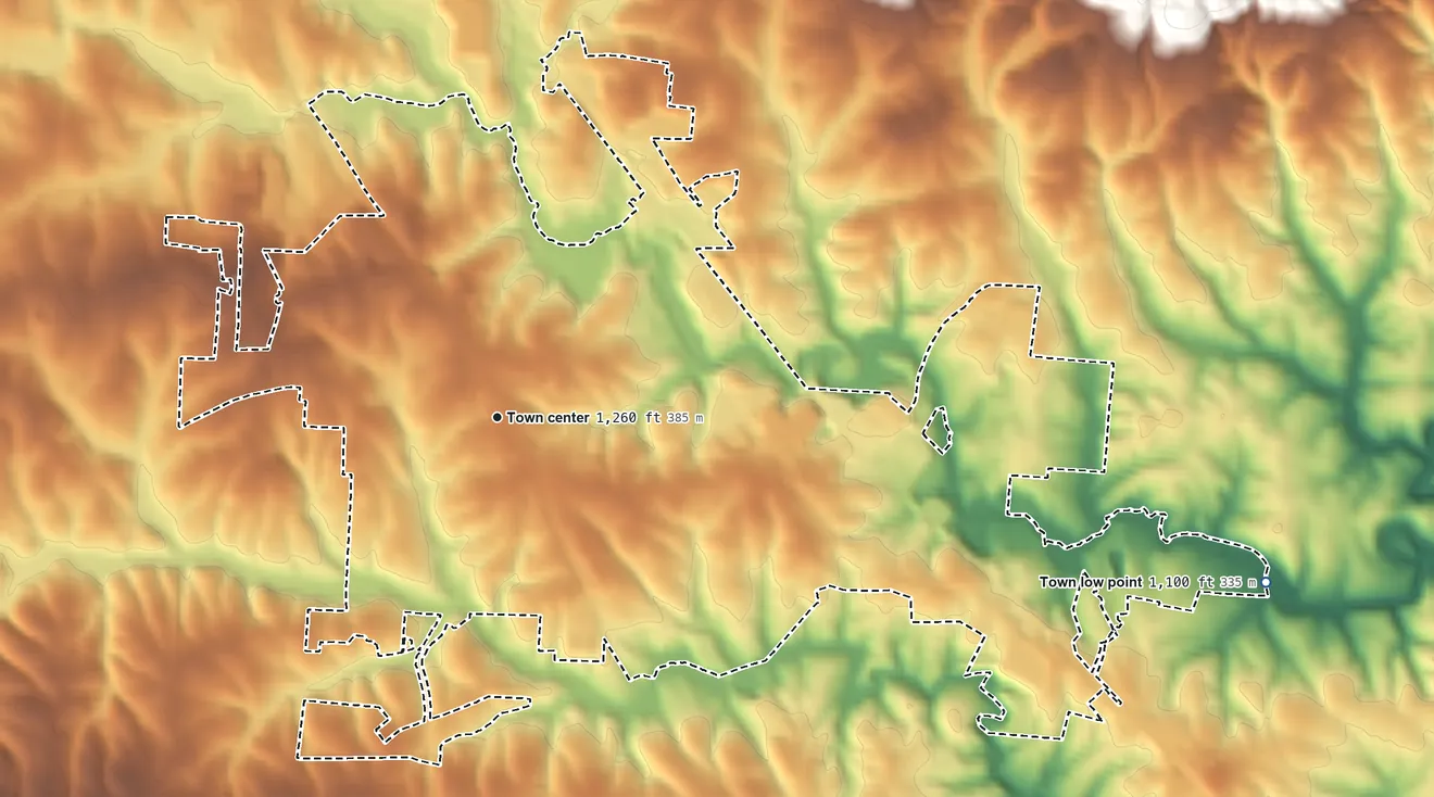 Topographic elevation map of Hudson, North Carolina, shaded from 1,100 ft on the east side to 1,360 ft on the southwest side