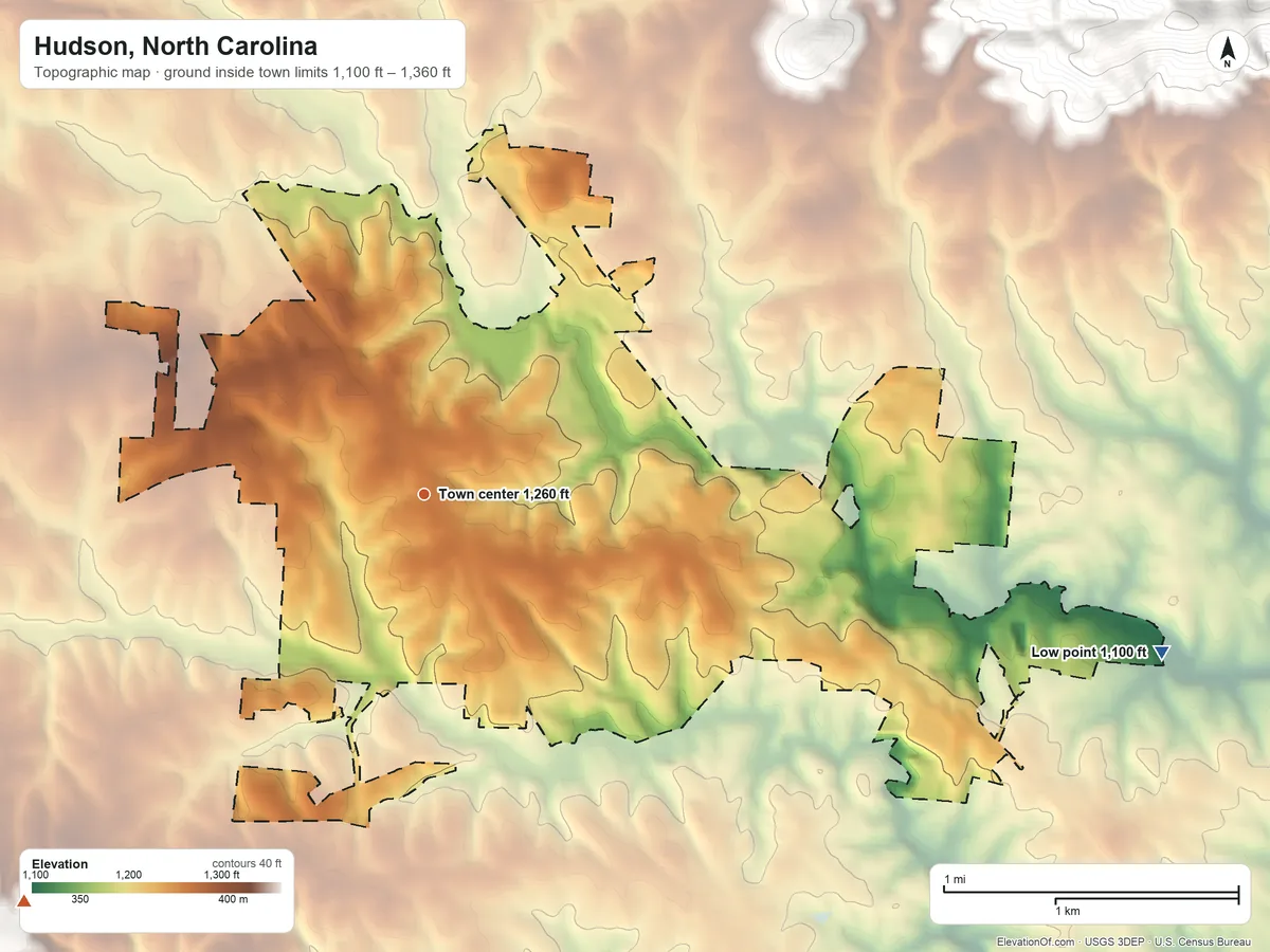 Topographic elevation map of Hudson, North Carolina, shaded from 1,100 ft on the east side to 1,360 ft on the southwest side