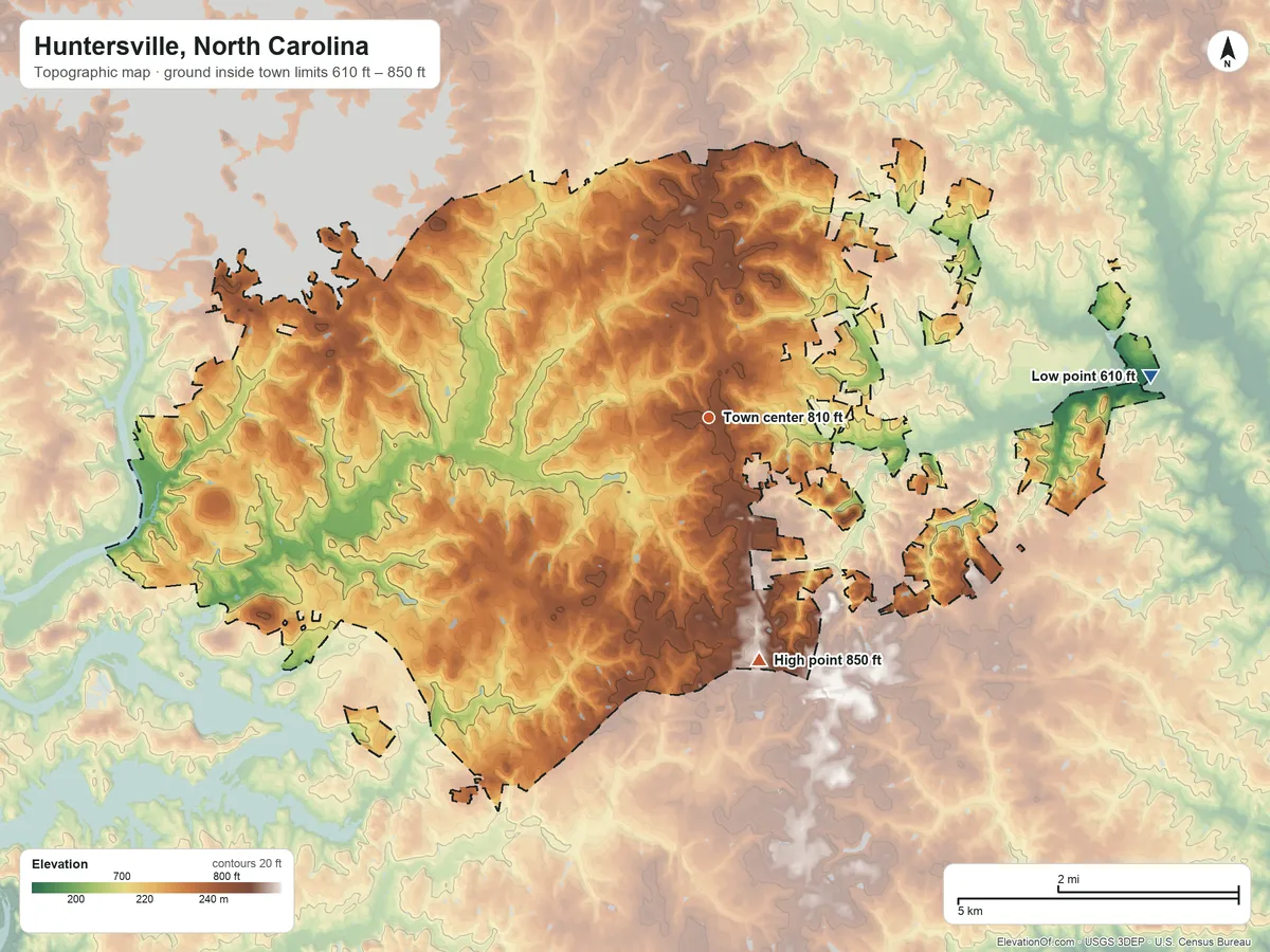 Topographic elevation map of Huntersville, North Carolina, shaded from 610 ft on the east side to 850 ft on the south side