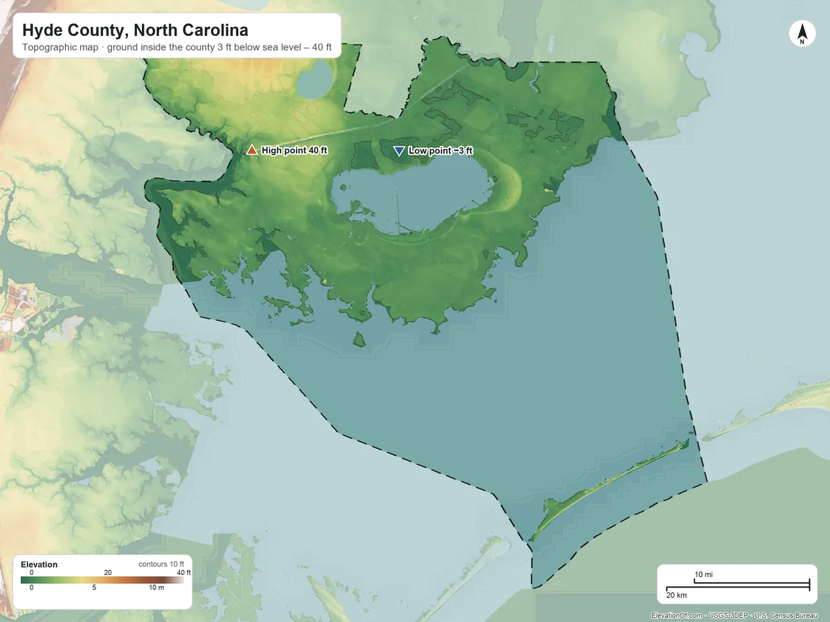 Topographic elevation map of Hyde County, North Carolina, shaded from 3 ft below sea level on the north side to 40 ft on the northwest side