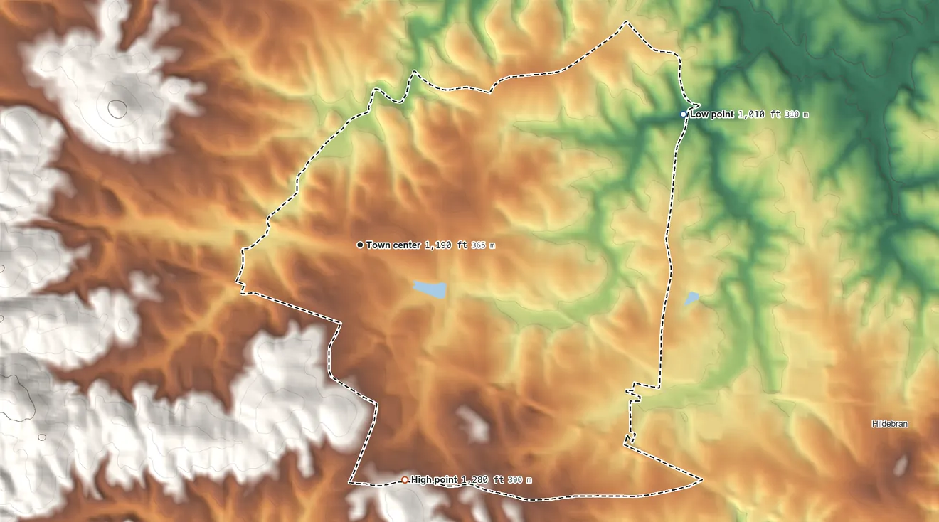 Topographic elevation map of Icard, North Carolina, shaded from 1,010 ft on the east side to 1,280 ft on the south side