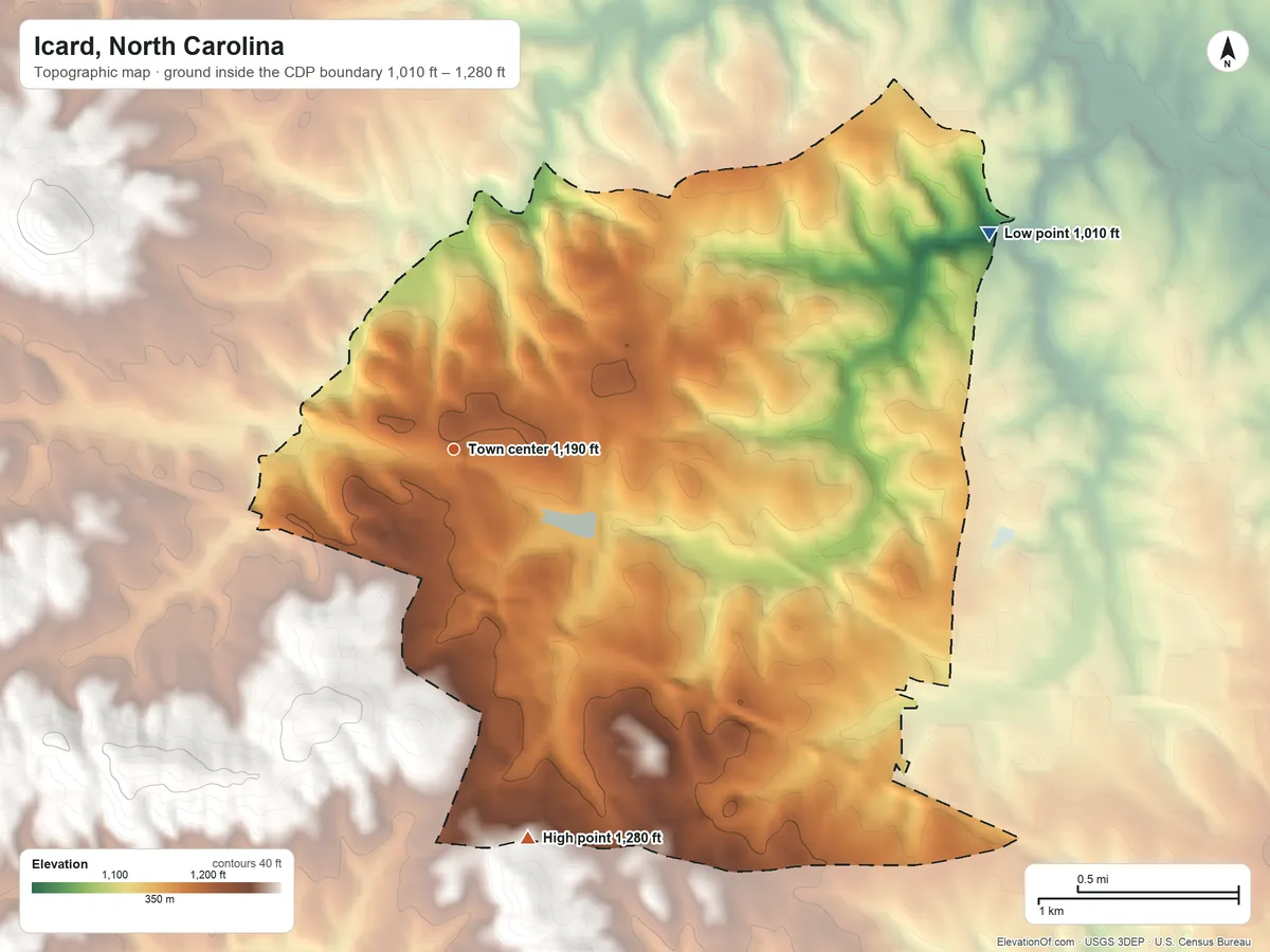 Topographic elevation map of Icard, North Carolina, shaded from 1,010 ft on the east side to 1,280 ft on the south side