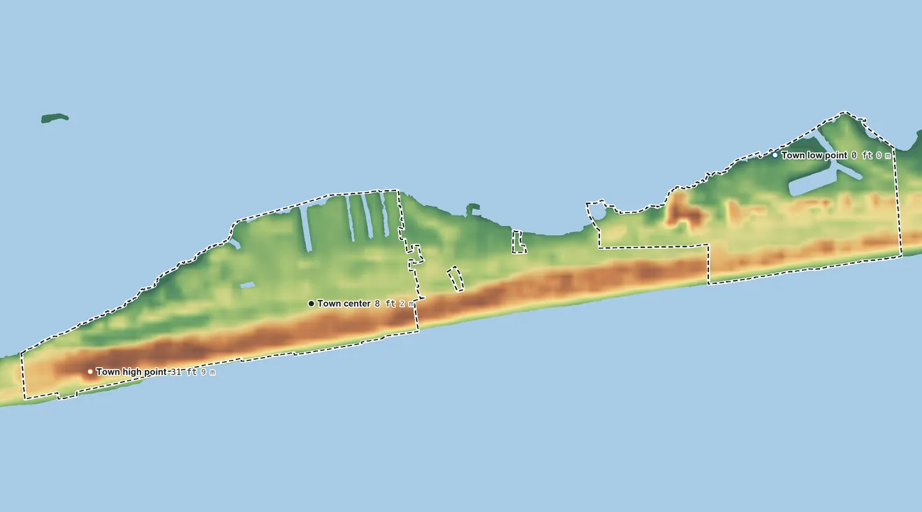 Topographic elevation map of Indian Beach, North Carolina, shaded from sea level level on Onslow Bay to 31 ft on the west side