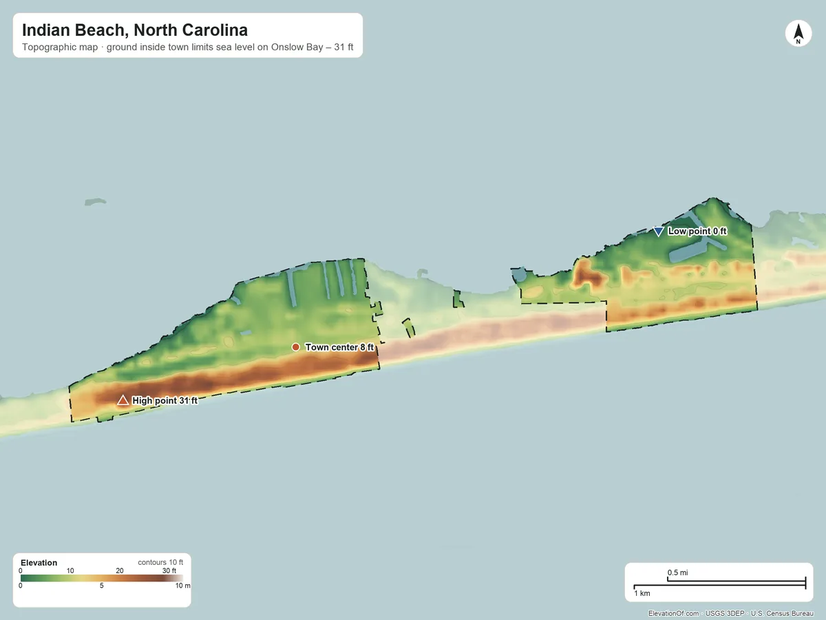 Topographic elevation map of Indian Beach, North Carolina, shaded from sea level level on Onslow Bay to 31 ft on the west side
