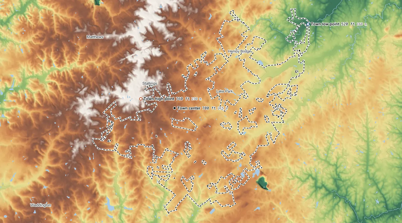 Topographic elevation map of Indian Trail, North Carolina, shaded from 520 ft on the northeast side to 760 ft on the west side