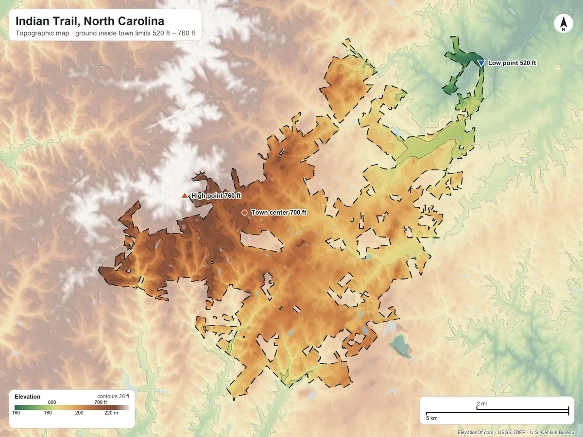 Topographic elevation map of Indian Trail, North Carolina, shaded from 520 ft on the northeast side to 760 ft on the west side