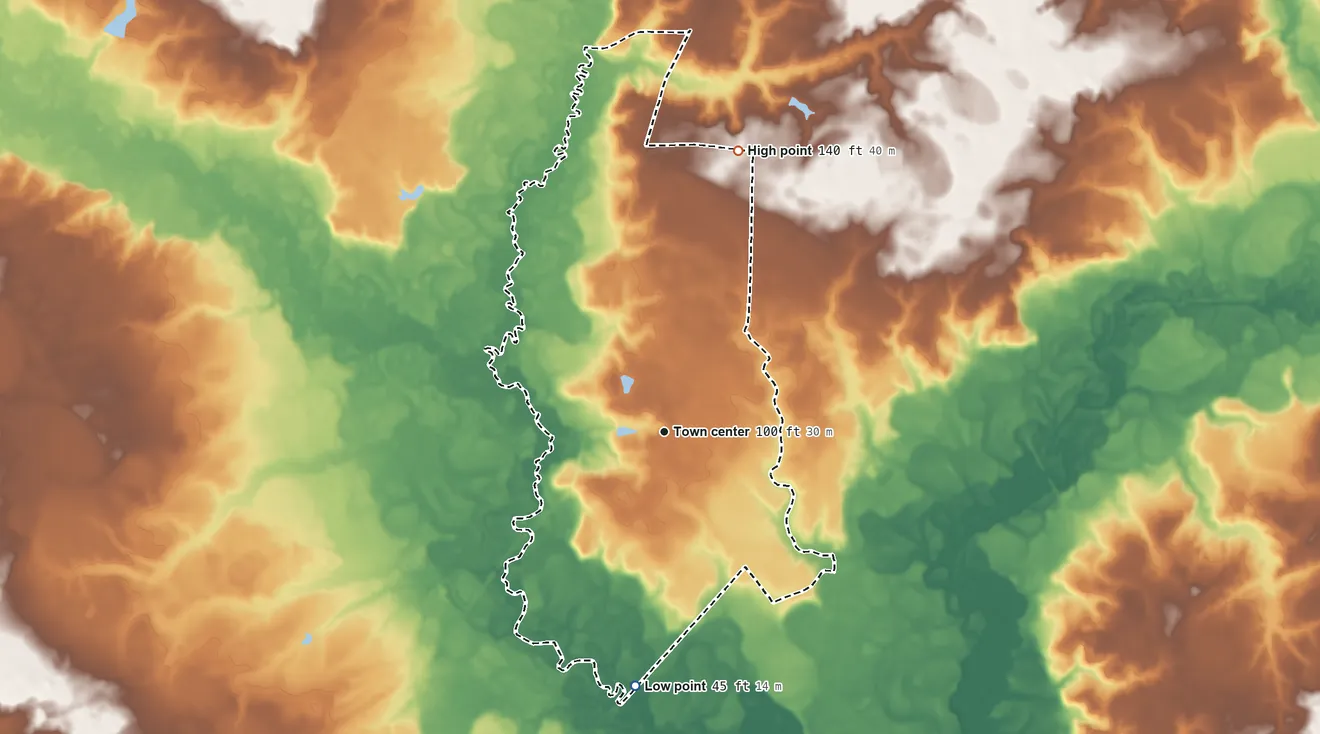 Topographic elevation map of Ingold, North Carolina, shaded from 45 ft on the south side to 140 ft on the north side