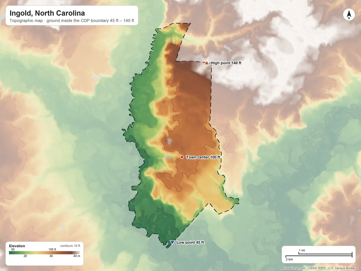 Topographic elevation map of Ingold, North Carolina, shaded from 45 ft on the south side to 140 ft on the north side