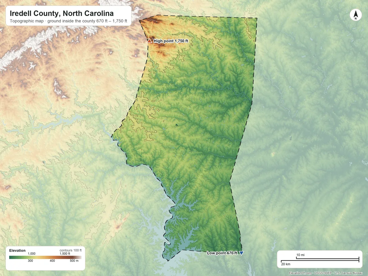 Topographic elevation map of Iredell County, North Carolina, shaded from 670 ft on the southeast side to 1,750 ft on Fox Mountain