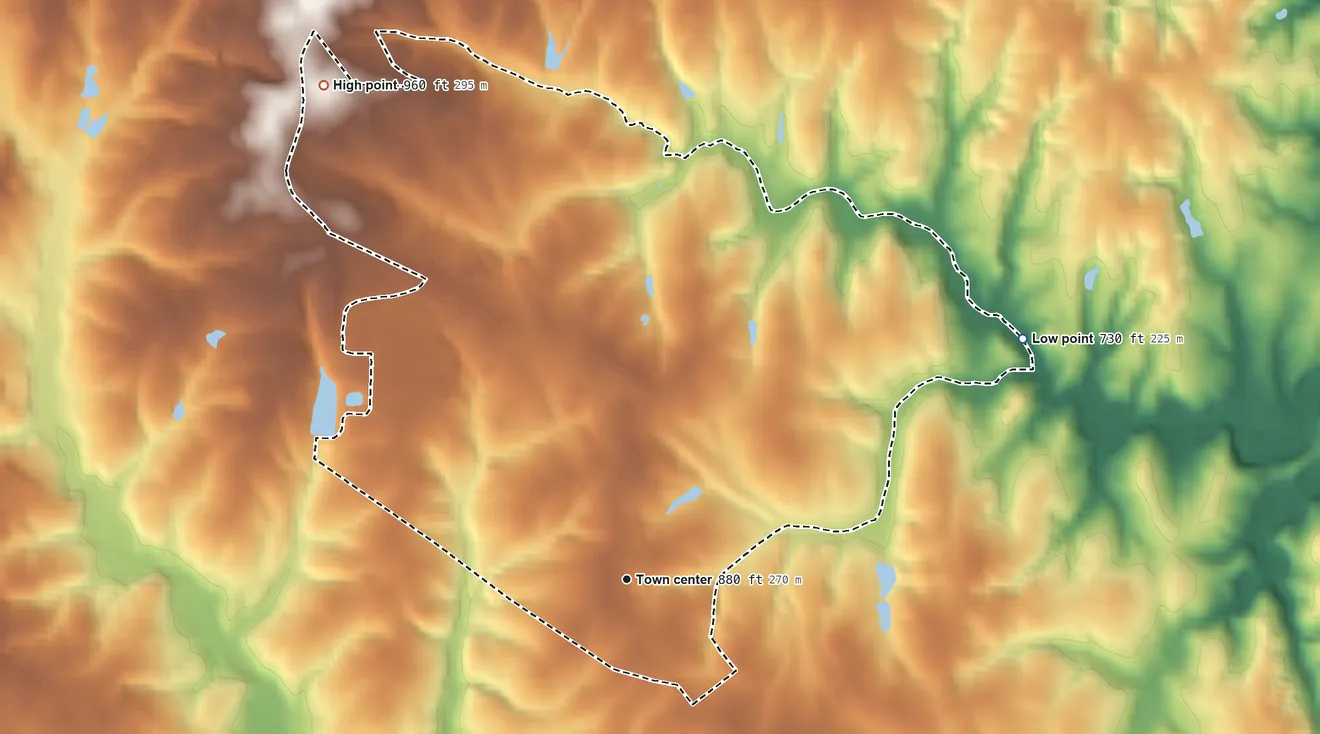 Topographic elevation map of Iron Station, North Carolina, shaded from 730 ft on the northeast side to 960 ft on the northwest side