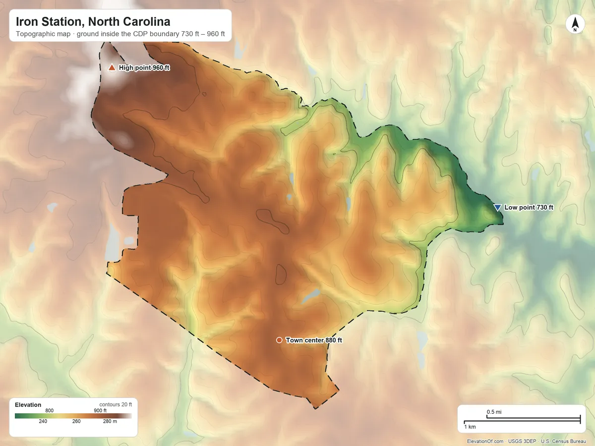 Topographic elevation map of Iron Station, North Carolina, shaded from 730 ft on the northeast side to 960 ft on the northwest side