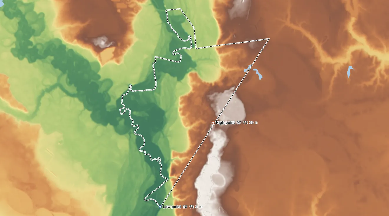 Topographic elevation map of Ivanhoe, North Carolina, shaded from 10 ft on the south side to 97 ft near the middle