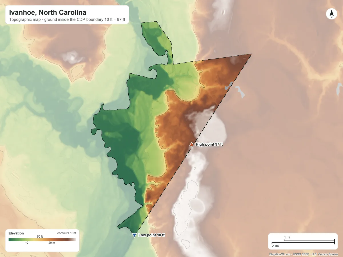 Topographic elevation map of Ivanhoe, North Carolina, shaded from 10 ft on the south side to 97 ft near the middle