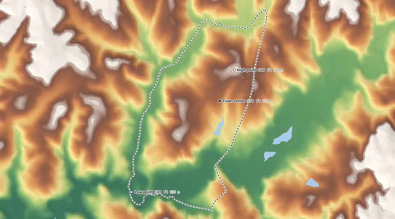 Topographic elevation map of JAARS, North Carolina, shaded from 500 ft on the southwest side to 600 ft on the northeast side